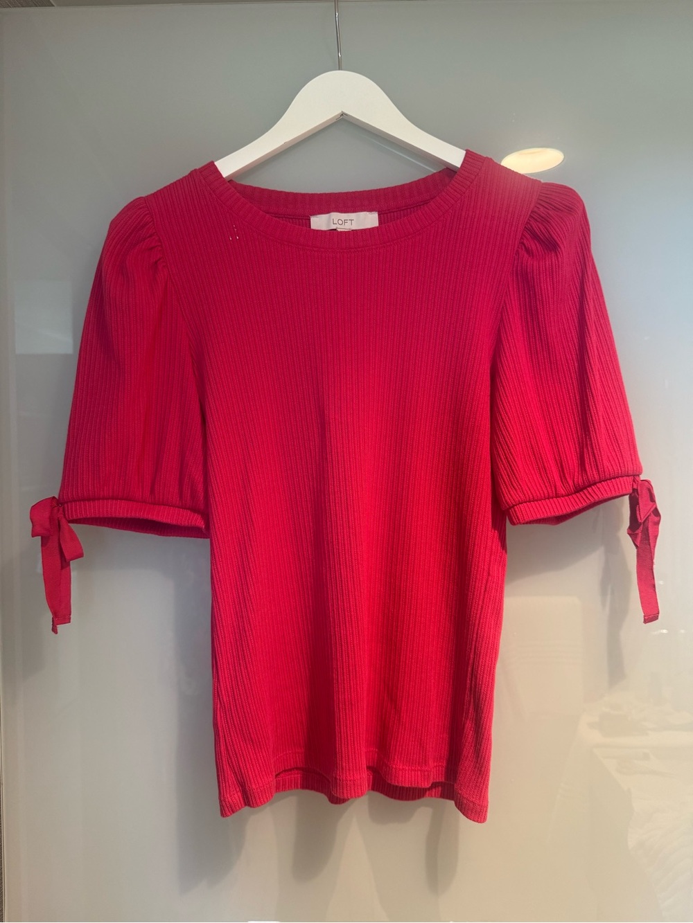 LOFT Hot Pink Ribbed Puff-Sleeve Top with Tie Cuffs